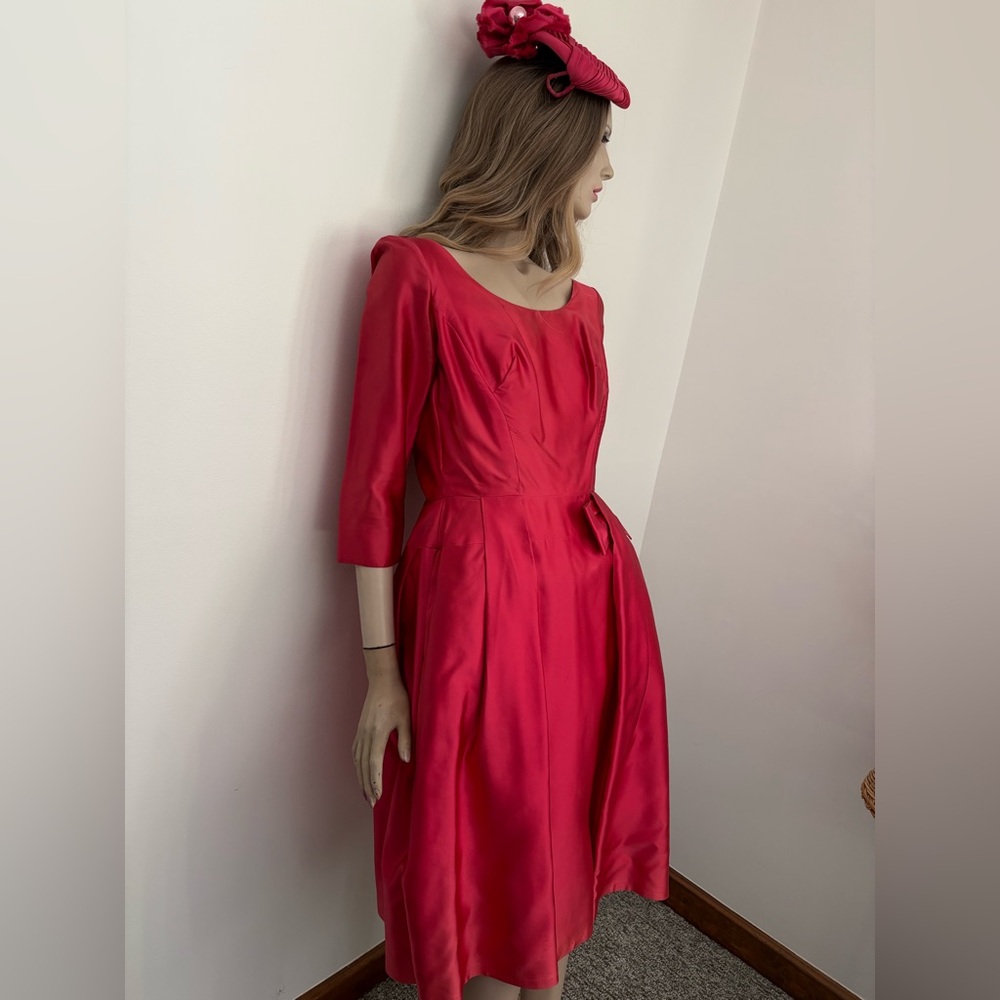 Vintage 50s Coral Pink Satin Suzy Perrette Style Bombshell Dress & Designer Hat - Picture 3 of 14